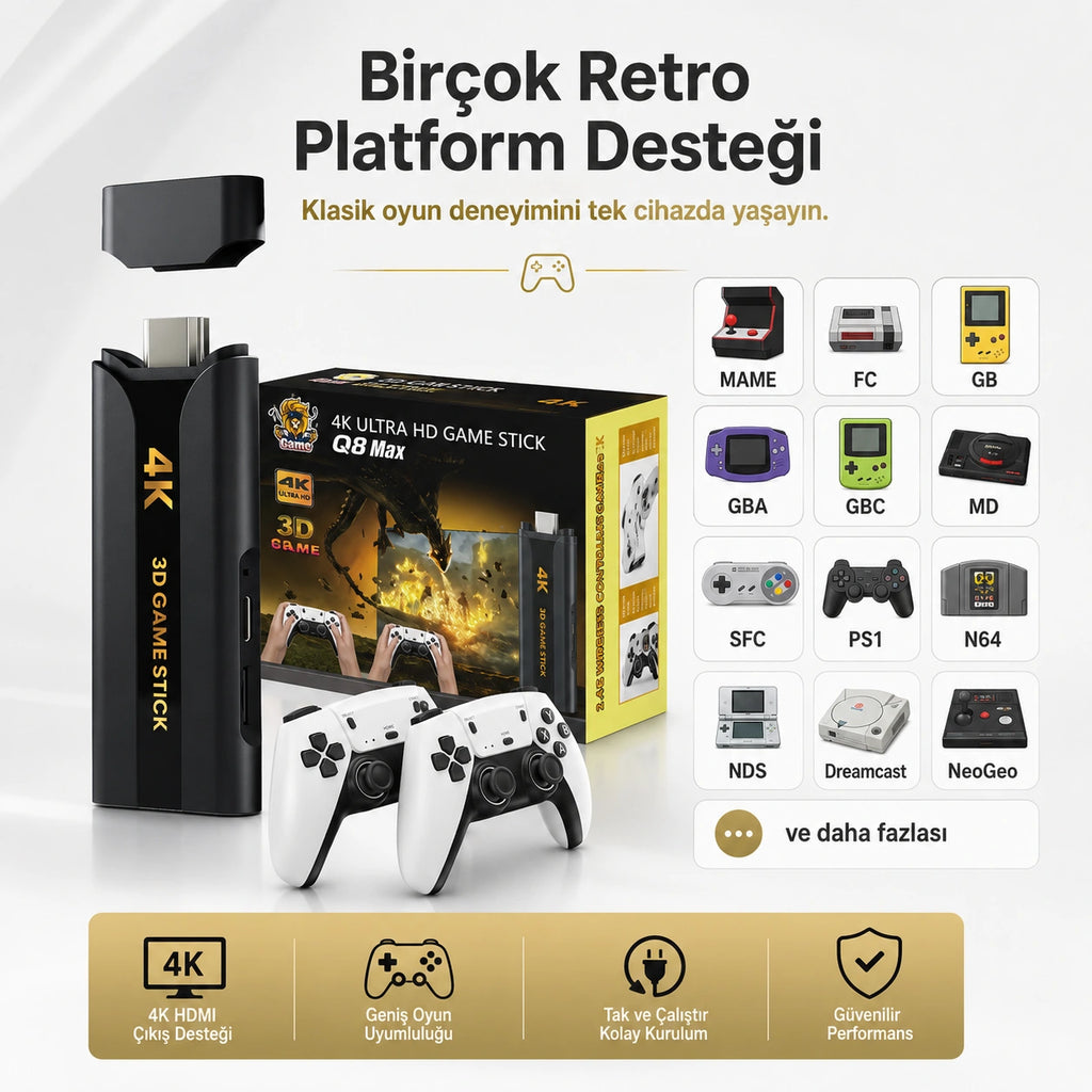 Q8 Max 4K Game Stick Retro Oyun Konsolu 48.000+ Oyunlu, Kablosuz Çift Kollu Atari Konsolu