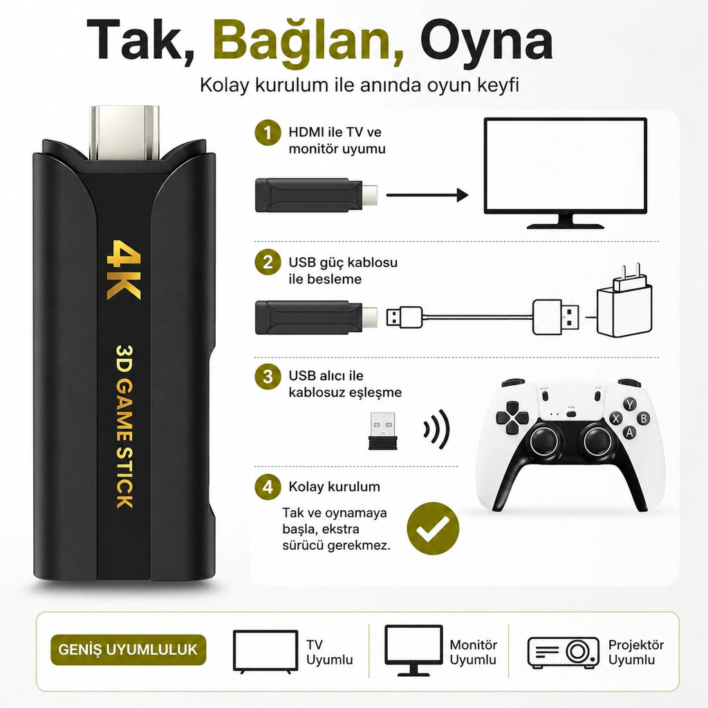 Q8 Max 4K Game Stick Retro Oyun Konsolu 48.000+ Oyunlu, Kablosuz Çift Kollu Atari Konsolu