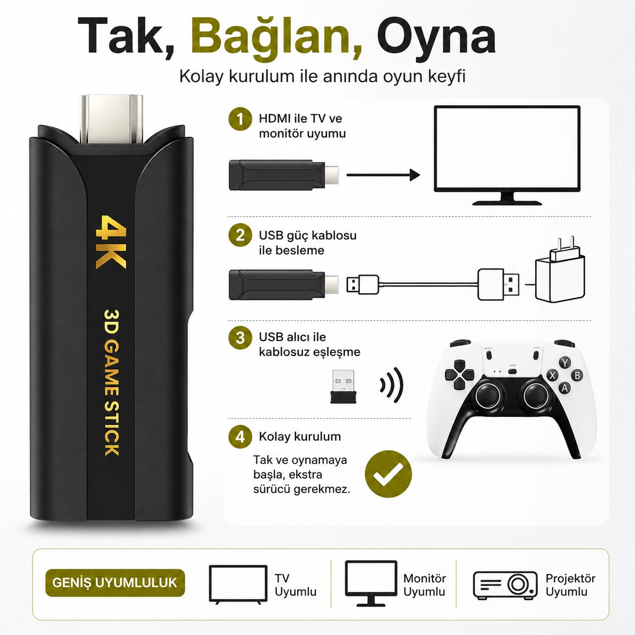 Q8 Max 4K Game Stick Retro Oyun Konsolu 48.000+ Oyunlu, Kablosuz Çift Kollu Atari Konsolu