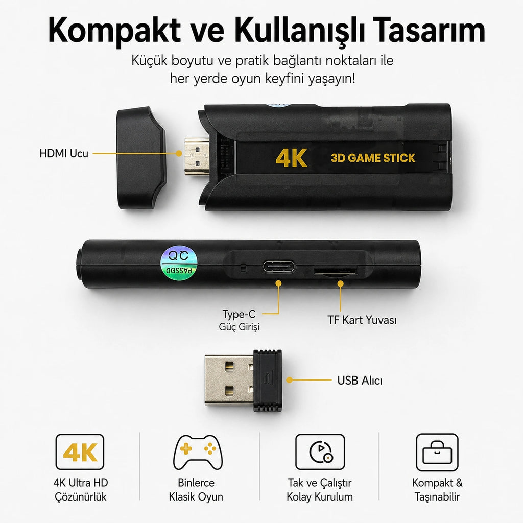 PELL Q8 Max 4K Game Stick Retro Oyun Konsolu 48.000+ Oyunlu, Kablosuz Çift Kollu Atari Konsolu