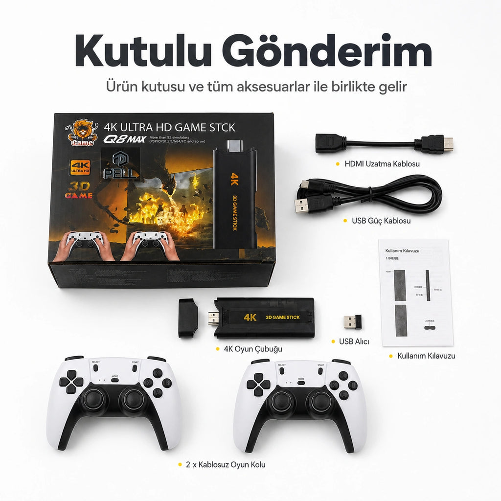 PELL Q8 Max 4K Game Stick Retro Oyun Konsolu 48.000+ Oyunlu, Kablosuz Çift Kollu Atari Konsolu