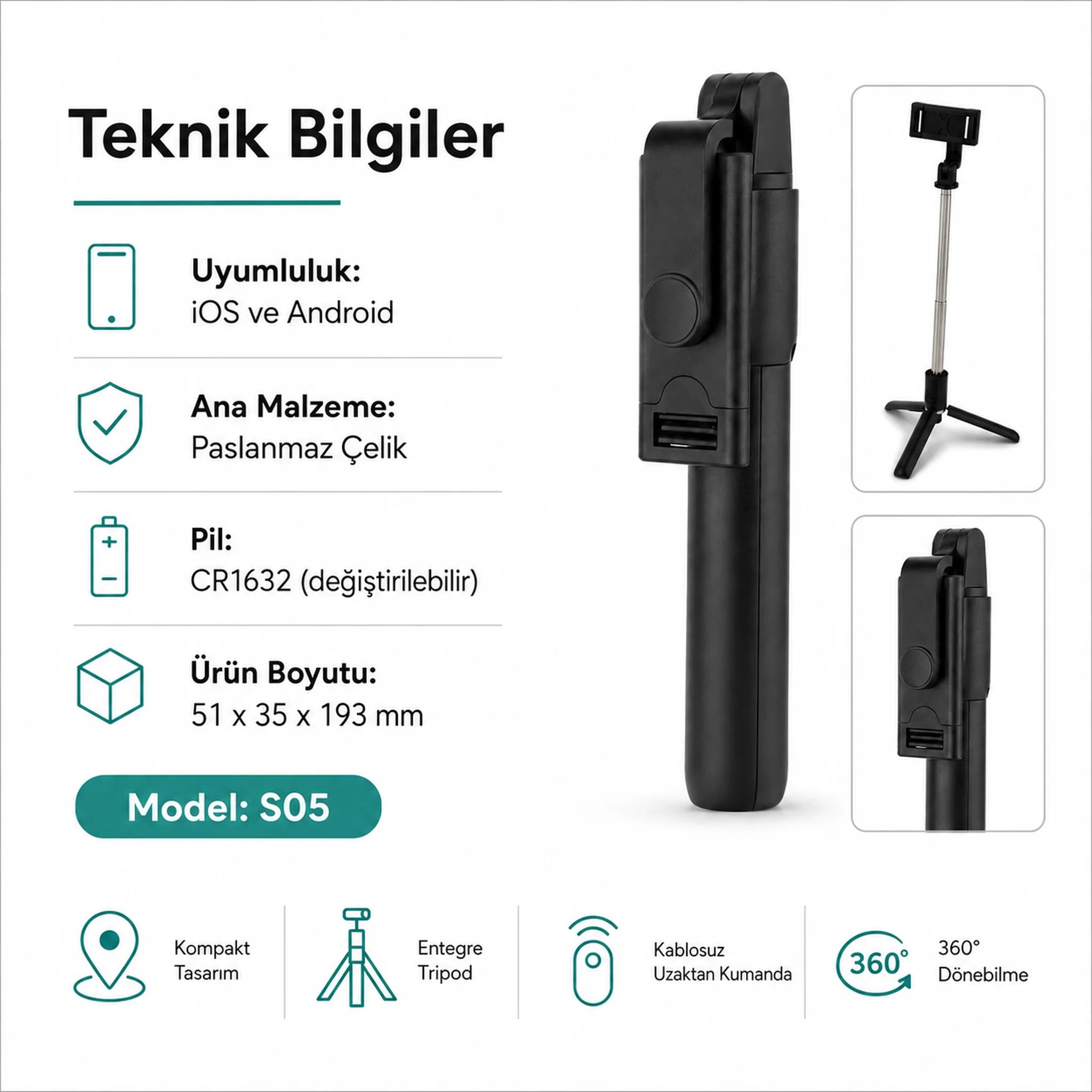 PELL S05 Entegre Tripodlu ve Uzaktan Kumandalı Çok Fonksiyonlu Telefon Tutucu, Cold Shoe Destekli Taşınabilir Stand