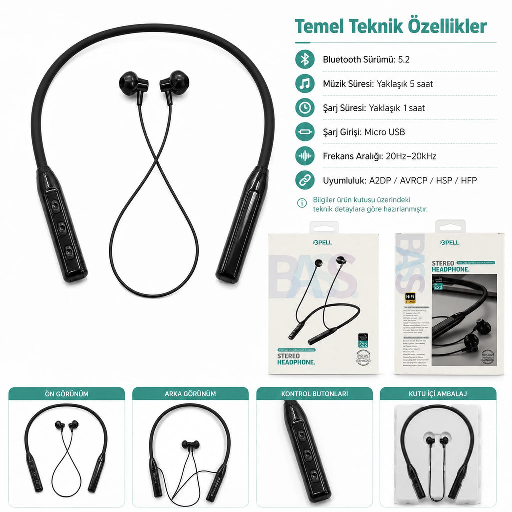 S22 Boyundan Askılı Spor Bluetooth 5.2 Kulaklık, Kablosuz Kulak İçi Koşu Kulaklığı - Siyah