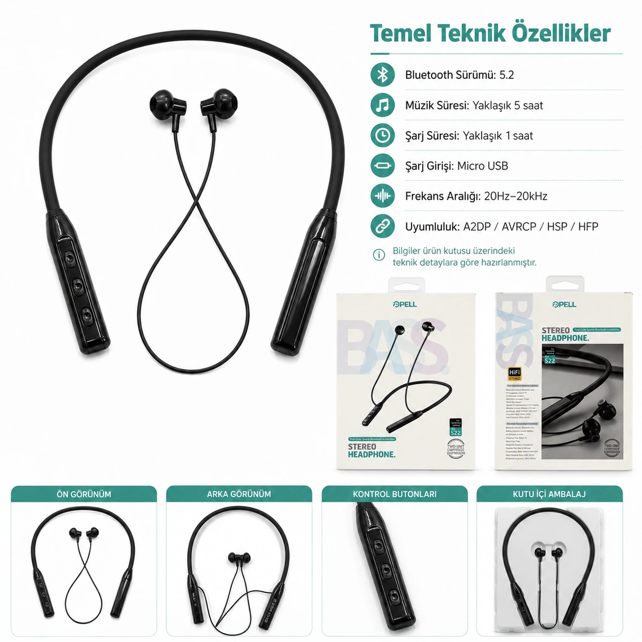 S22 Boyundan Askılı Spor Bluetooth 5.2 Kulaklık, Kablosuz Kulak İçi Koşu Kulaklığı - Siyah
