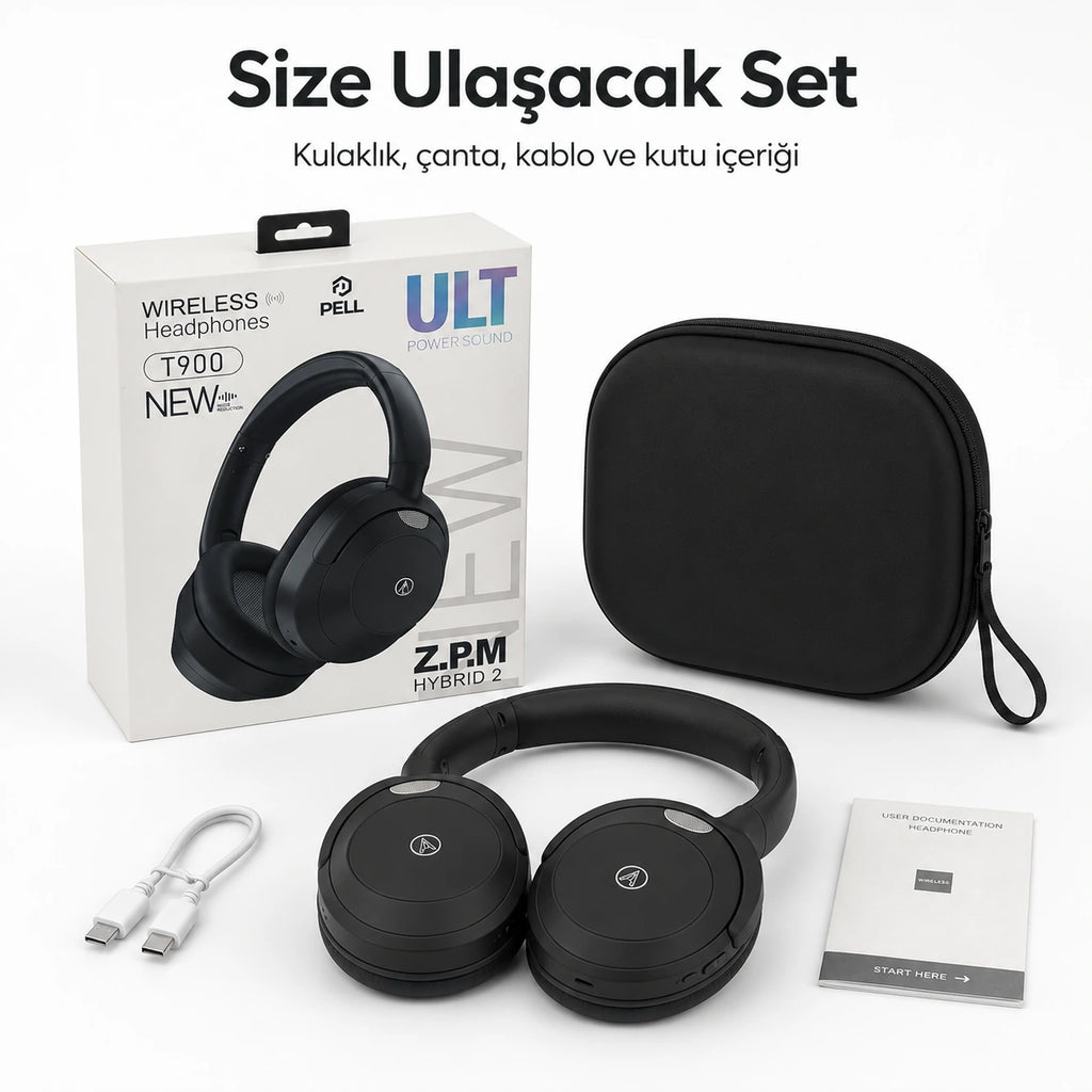 PELL T900 ANC Kablosuz Bluetooth 5.3 Kulak Üstü Kulaklık, Aktif Gürültü Engelleyici Kulaklık - Siyah