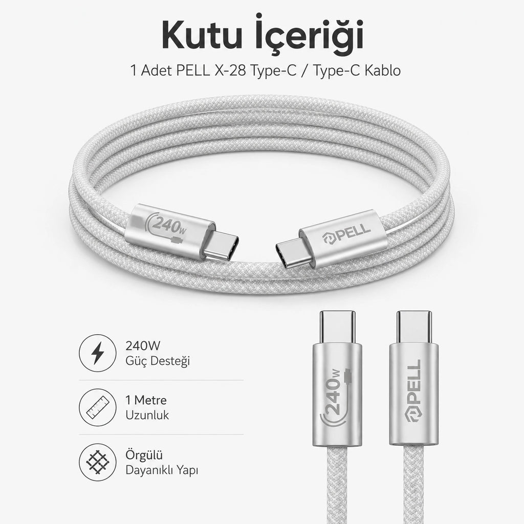 PELL X-28 240W PD Type-C to Type-C Ultra Hızlı Örgülü Şarj Kablosu 1m