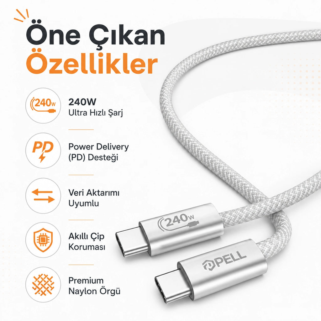 PELL X-28 240W PD Type-C to Type-C Ultra Hızlı Örgülü Şarj Kablosu 1m