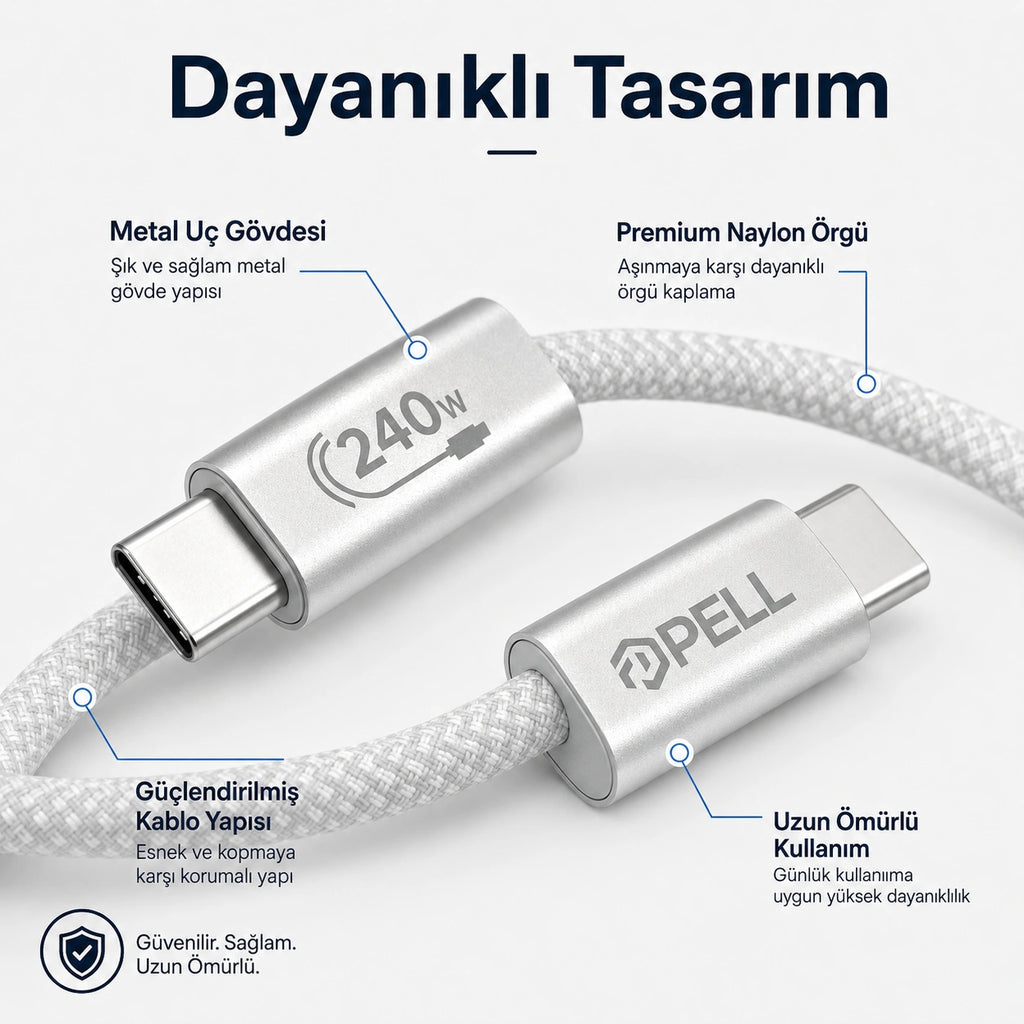 PELL X-28 240W PD Type-C to Type-C Ultra Hızlı Örgülü Şarj Kablosu 1m