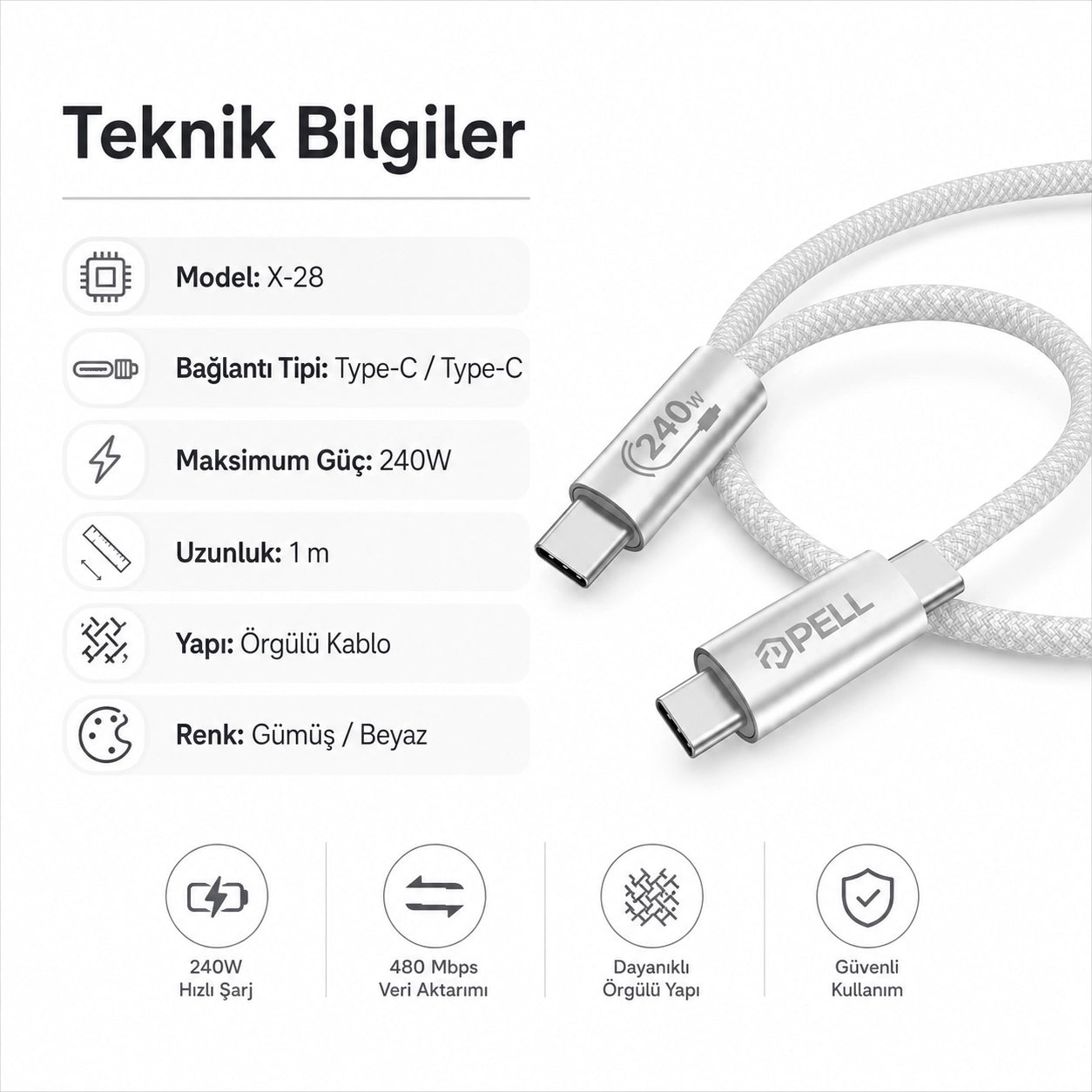 PELL X-28 240W PD Type-C to Type-C Ultra Hızlı Örgülü Şarj Kablosu 1m