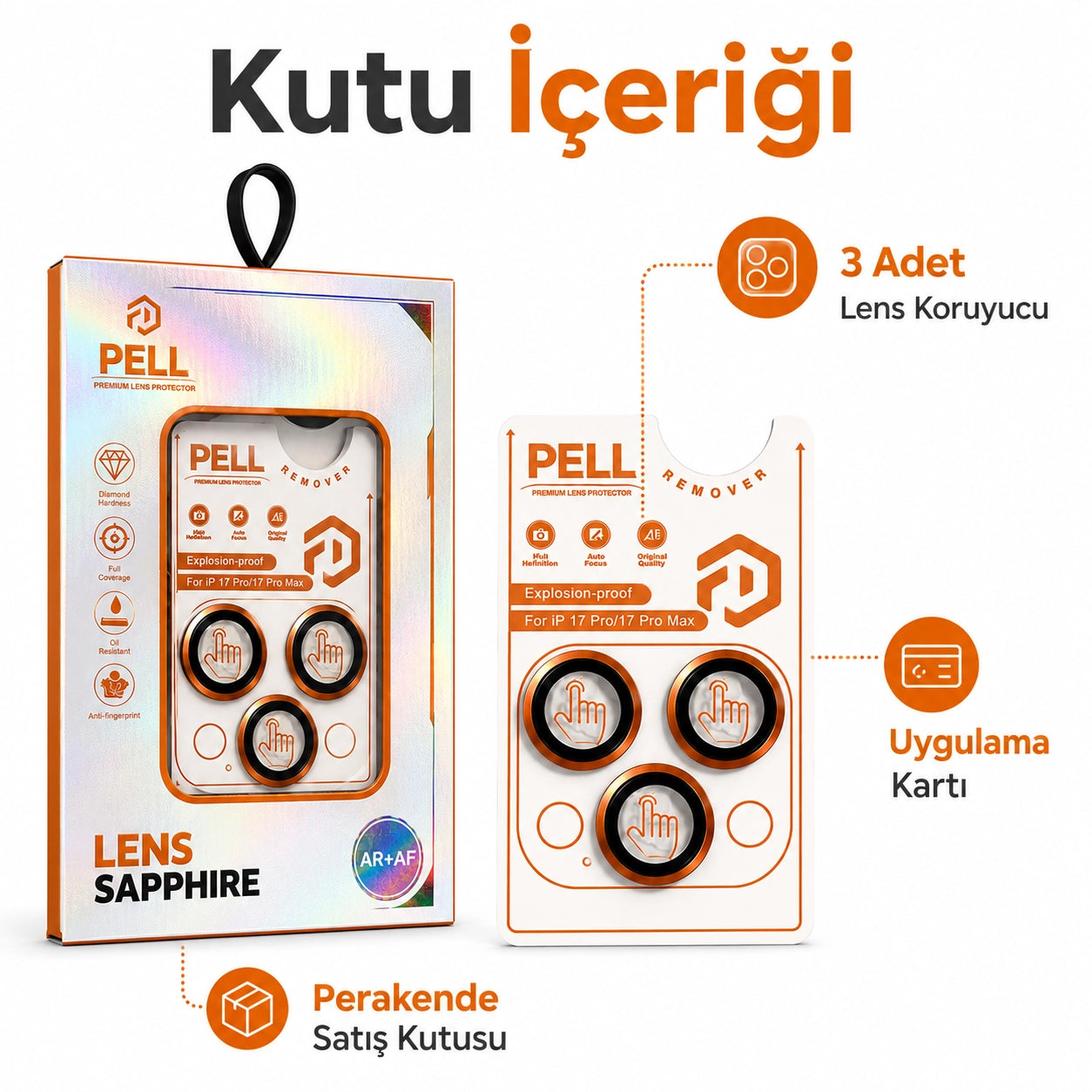 iPhone 17 Pro / 17 Pro Max Uyumlu Kozmik Turuncu Safir Kamera Lens Koruyucu, 9H Sertlik AR+AF Kaplamalı Tam Kapatan Lens Camı