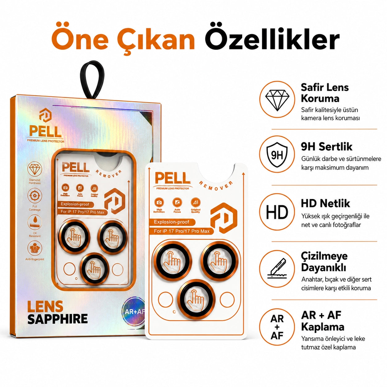 iPhone 17 Pro / 17 Pro Max Uyumlu Kozmik Turuncu Safir Kamera Lens Koruyucu, 9H Sertlik AR+AF Kaplamalı Tam Kapatan Lens Camı