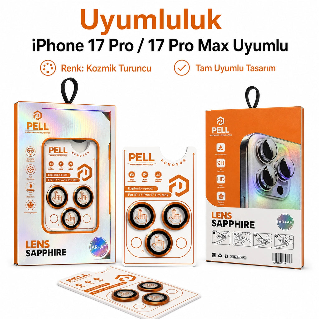 iPhone 17 Pro / 17 Pro Max Uyumlu Kozmik Turuncu Safir Kamera Lens Koruyucu, 9H Sertlik AR+AF Kaplamalı Tam Kapatan Lens Camı
