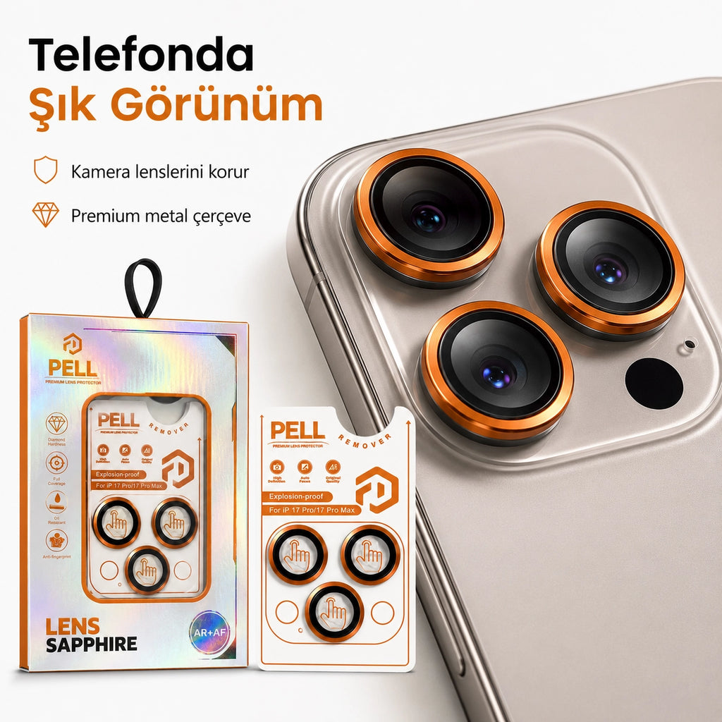 iPhone 17 Pro / 17 Pro Max Uyumlu Kozmik Turuncu Safir Kamera Lens Koruyucu, 9H Sertlik AR+AF Kaplamalı Tam Kapatan Lens Camı