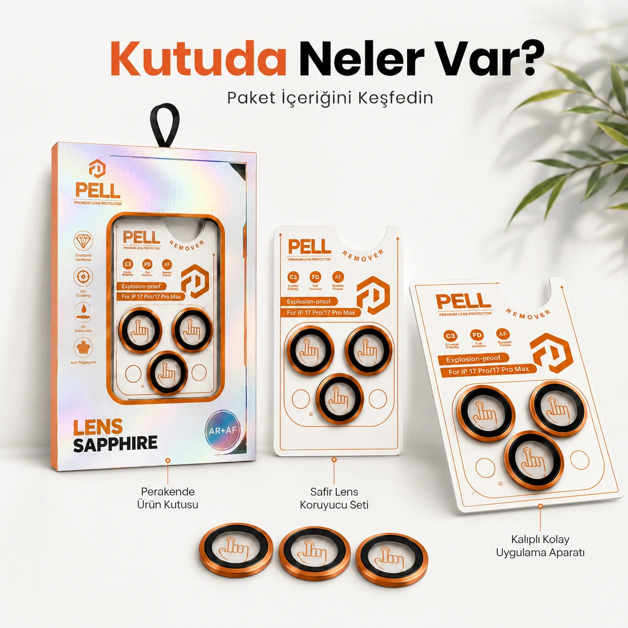 iPhone 17 Pro / 17 Pro Max Uyumlu Kozmik Turuncu Safir Kamera Lens Koruyucu, 9H Sertlik AR+AF Kaplamalı Tam Kapatan Lens Camı