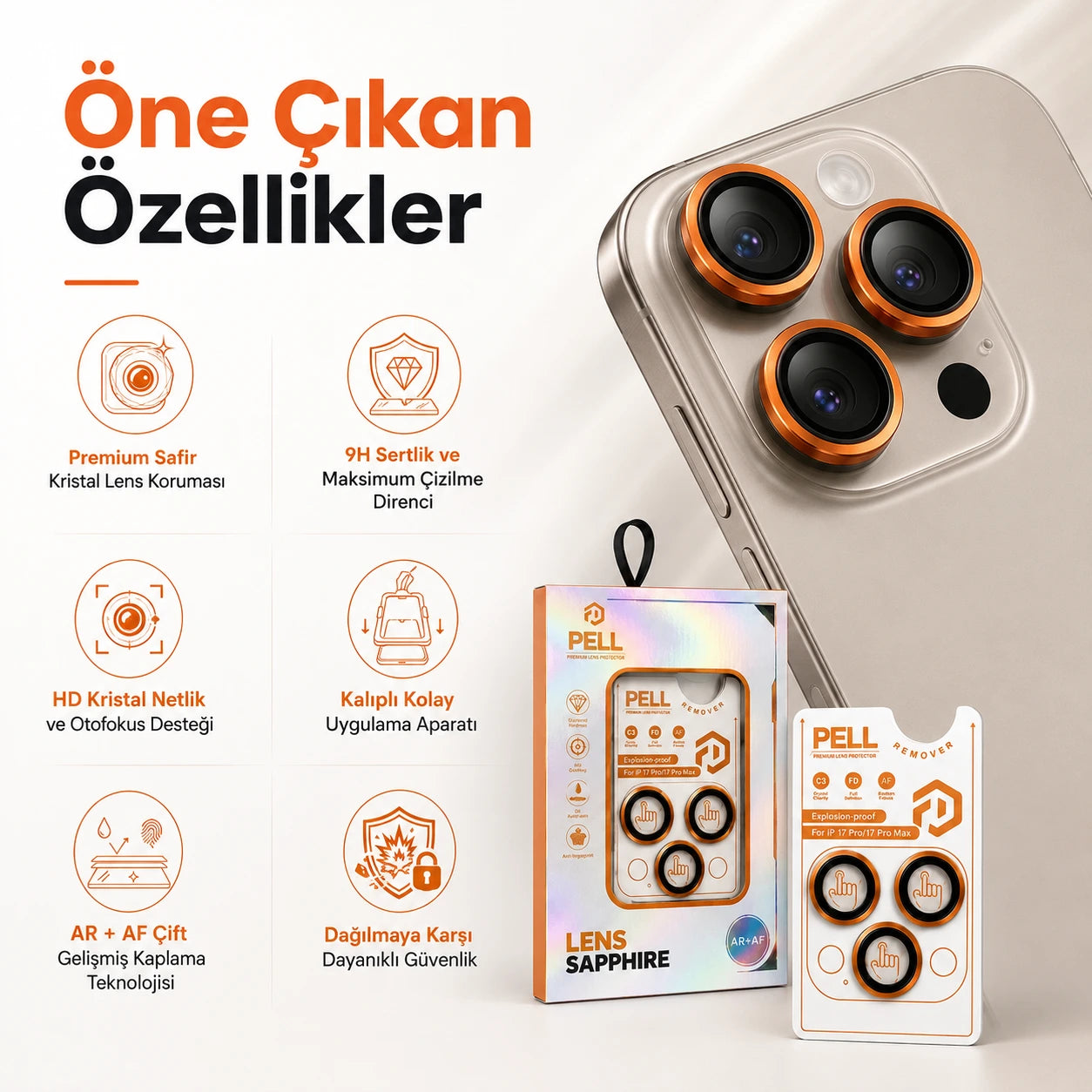 iPhone 17 Pro / 17 Pro Max Uyumlu Kozmik Turuncu Safir Kamera Lens Koruyucu, 9H Sertlik AR+AF Kaplamalı Tam Kapatan Lens Camı