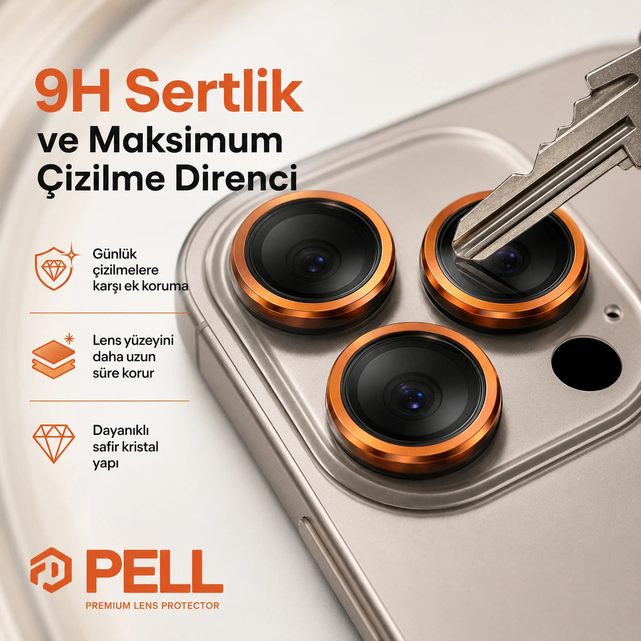 iPhone 17 Pro / 17 Pro Max Uyumlu Kozmik Turuncu Safir Kamera Lens Koruyucu, 9H Sertlik AR+AF Kaplamalı Tam Kapatan Lens Camı
