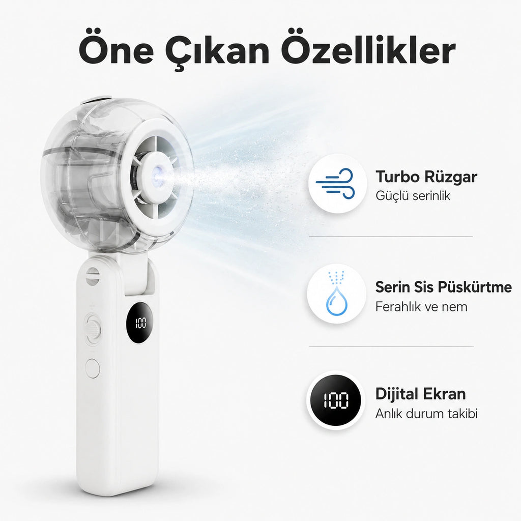 Mini More Turbo Sis El Tipi Vantilatör, 100 Kademeli 3000 mAh Dijital Ekranlı, Katlanabilir Şarjlı Mini Fan