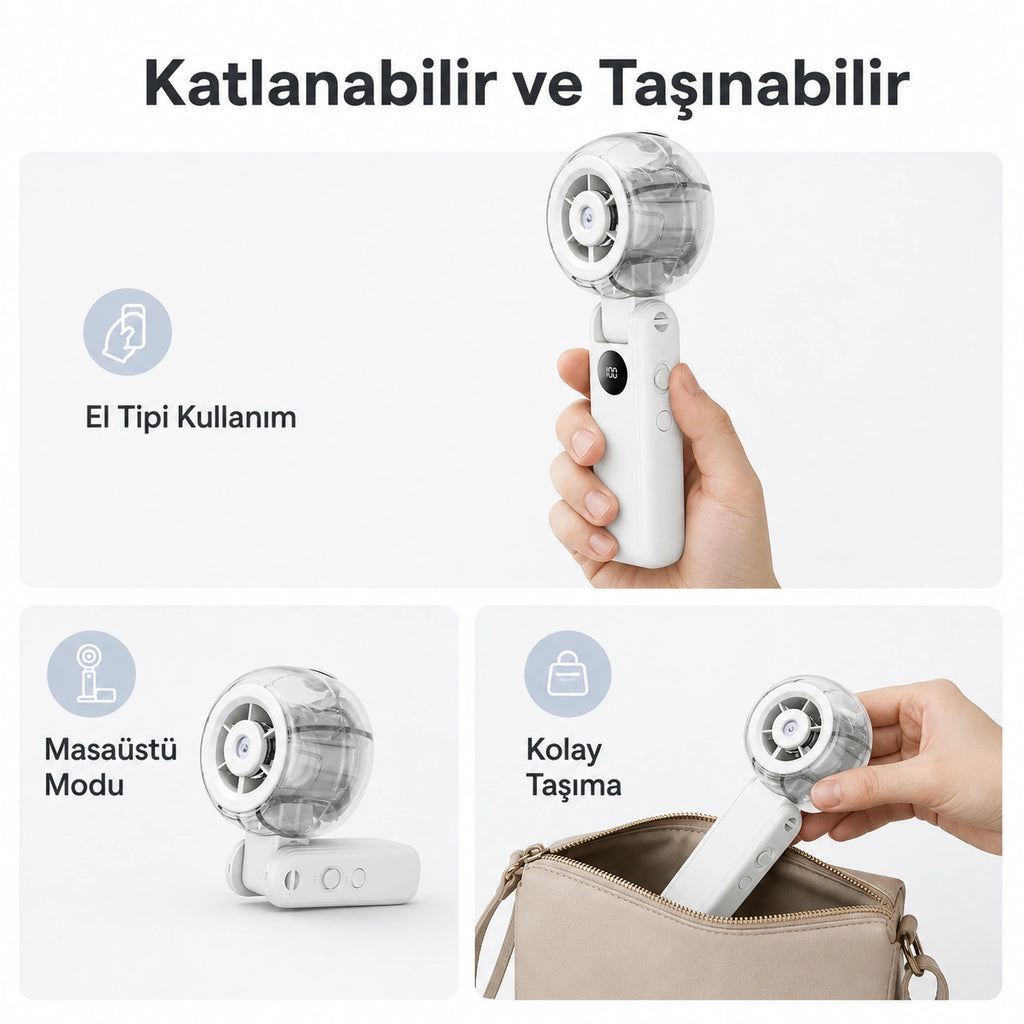 Mini More Turbo Sis El Tipi Vantilatör, 100 Kademeli 3000 mAh Dijital Ekranlı, Katlanabilir Şarjlı Mini Fan