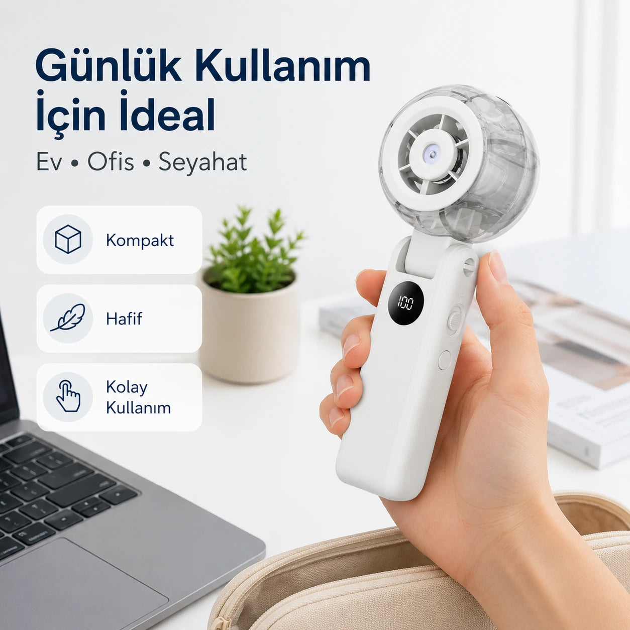 Mini More Turbo Sis El Tipi Vantilatör, 100 Kademeli 3000 mAh Dijital Ekranlı, Katlanabilir Şarjlı Mini Fan