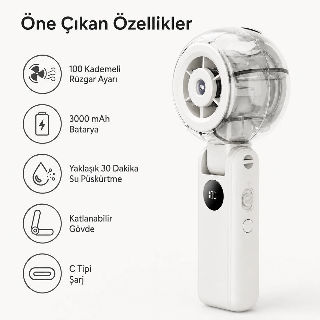 Mini More Turbo Sis El Tipi Vantilatör, 100 Kademeli 3000 mAh Dijital Ekranlı, Katlanabilir Şarjlı Mini Fan