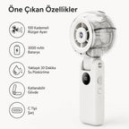 Mini More Turbo Sis El Tipi Vantilatör, 100 Kademeli 3000 mAh Dijital Ekranlı, Katlanabilir Şarjlı Mini Fan
