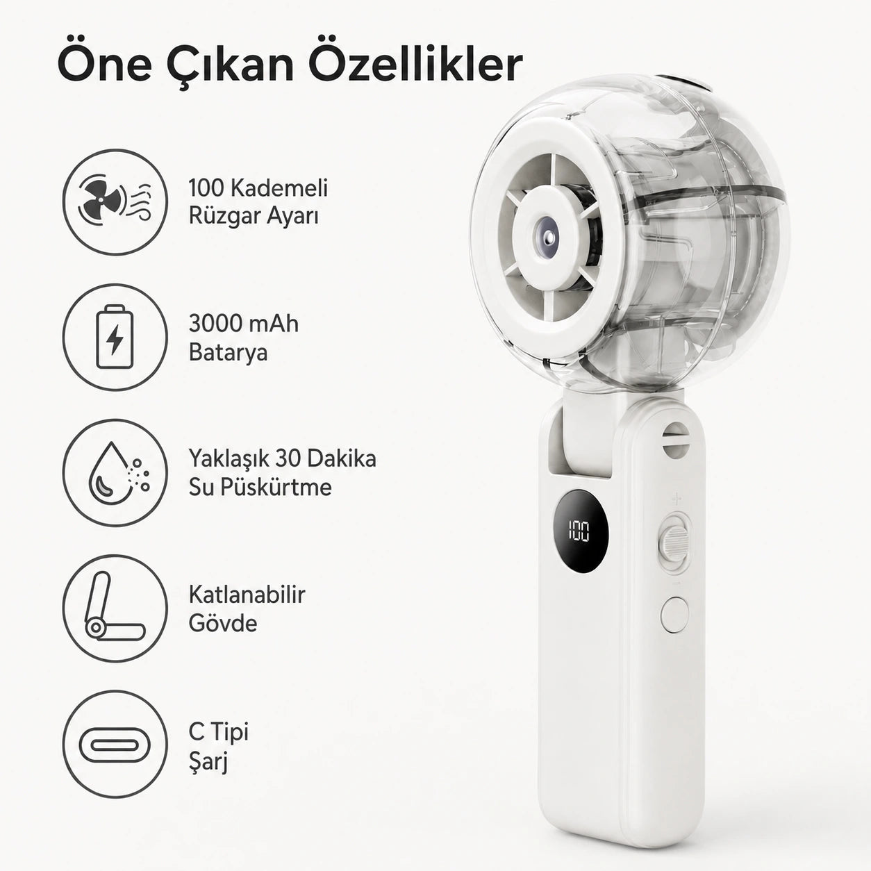 Mini More Turbo Sis El Tipi Vantilatör, 100 Kademeli 3000 mAh Dijital Ekranlı, Katlanabilir Şarjlı Mini Fan